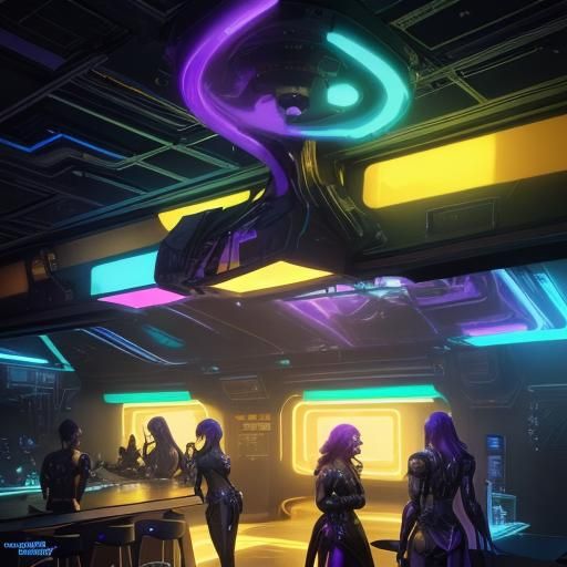 Futuristic Neon Bar with Galaxy View