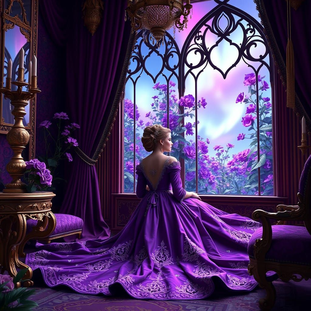 Regal Lady in Purple Chamber Contemplates Vibrant Garden