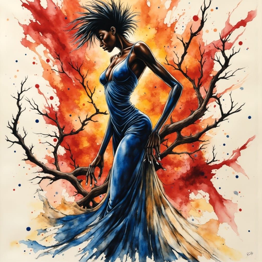 Elegant Woman Portrait in Abstract Ink Style