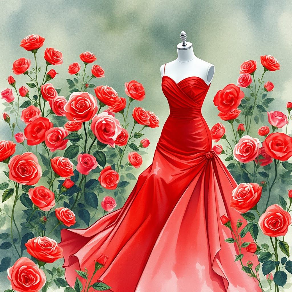 A Red Gown Amidst Vibrant Watercolor Roses