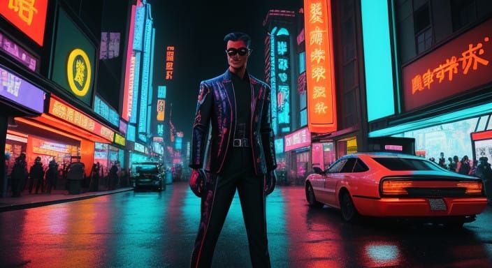 Confident Chinese Gang Boss in Neon-Lit Cityscape