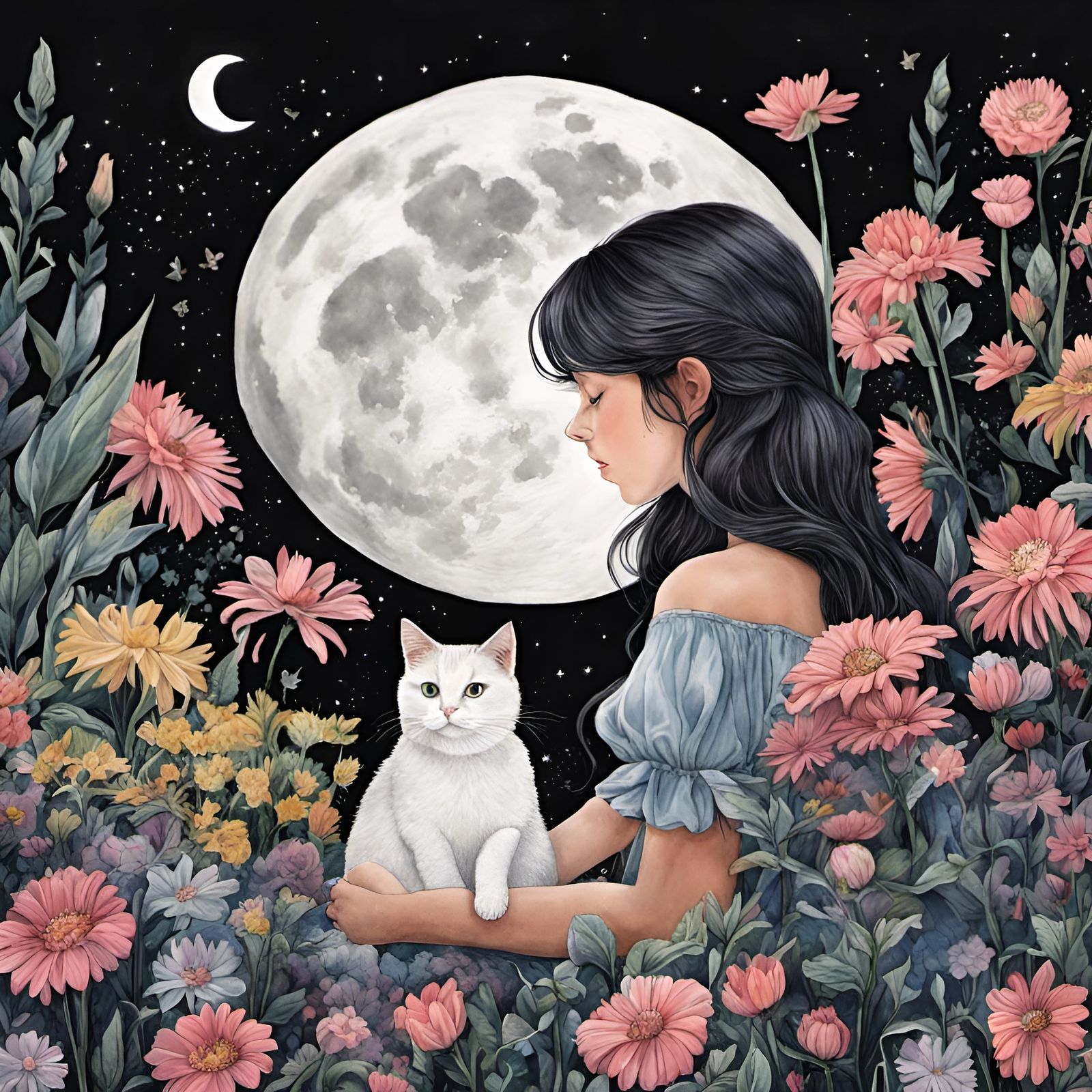 Portrait of a girl in the moonlight with her cat
