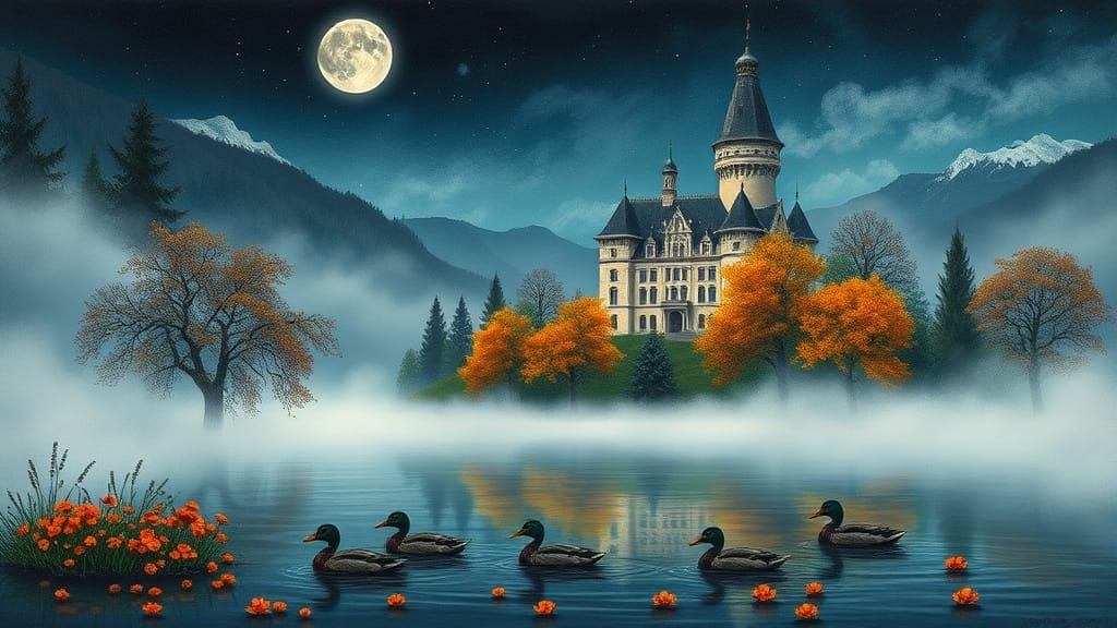 Swiss Castle at Night in Impasto Digital Art