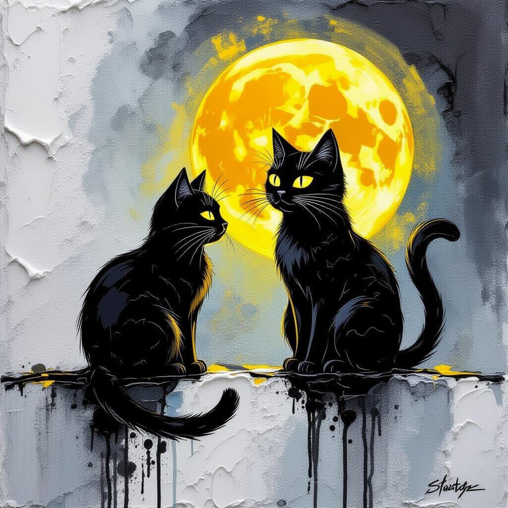 Black Cat and Shadow Under Moon, Impasto Painting