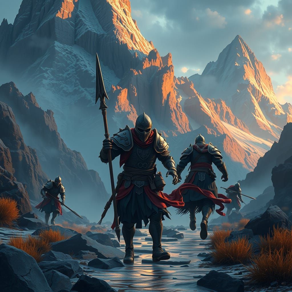 Mystical Warriors Chase Enemies in Majestic Mountains