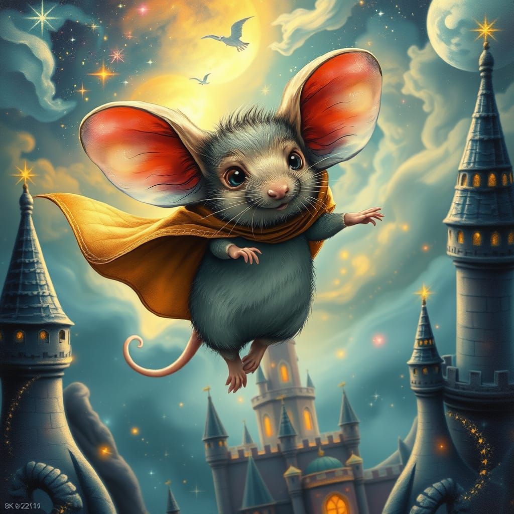 Mouse with Giant Ears Soaring Around Castle
