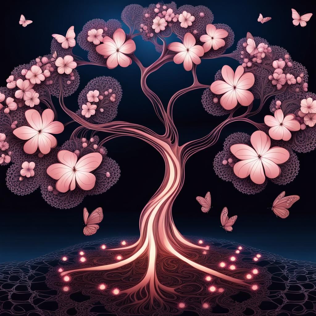 Glowing Cherry Blossom Tree with Butterflies