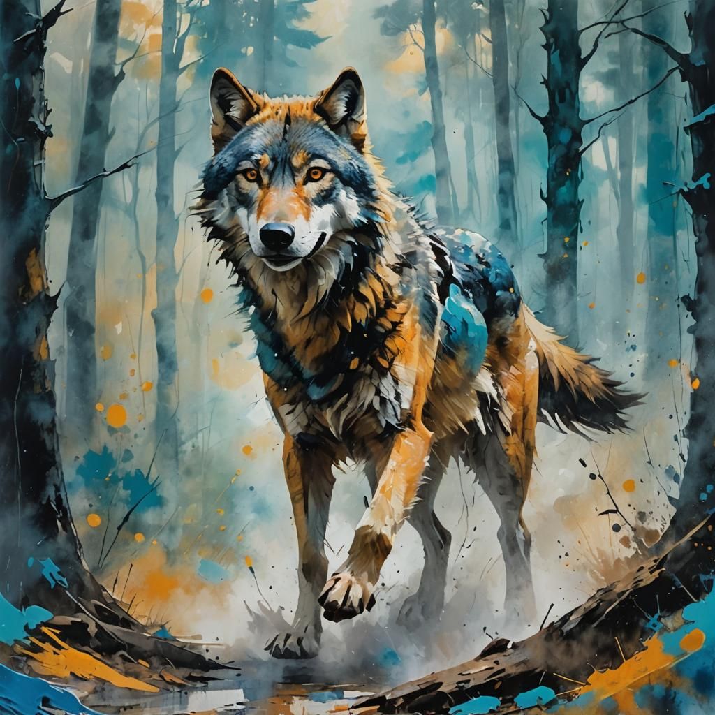Abstract Expressionist Wolf in Misty Forest