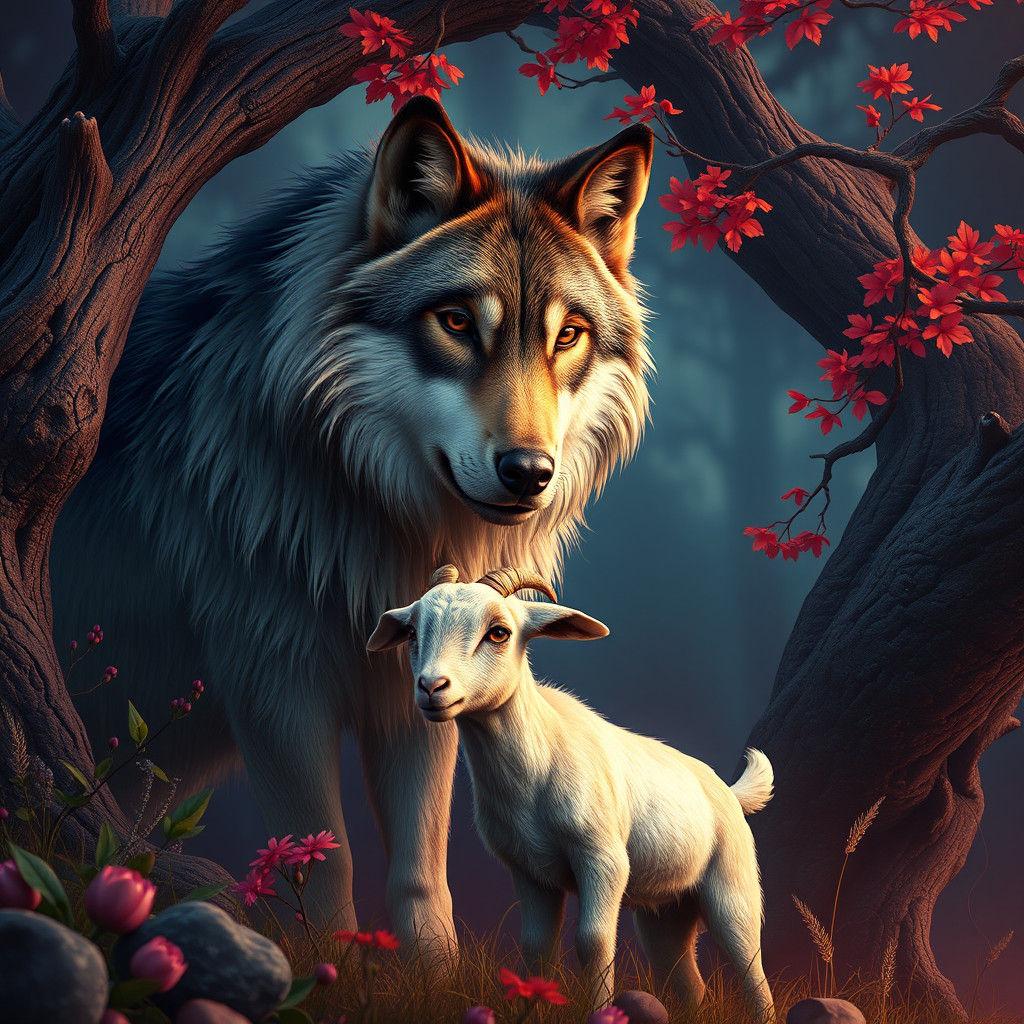 Wolf and Goat in Dreamlike Fantasy Landscape