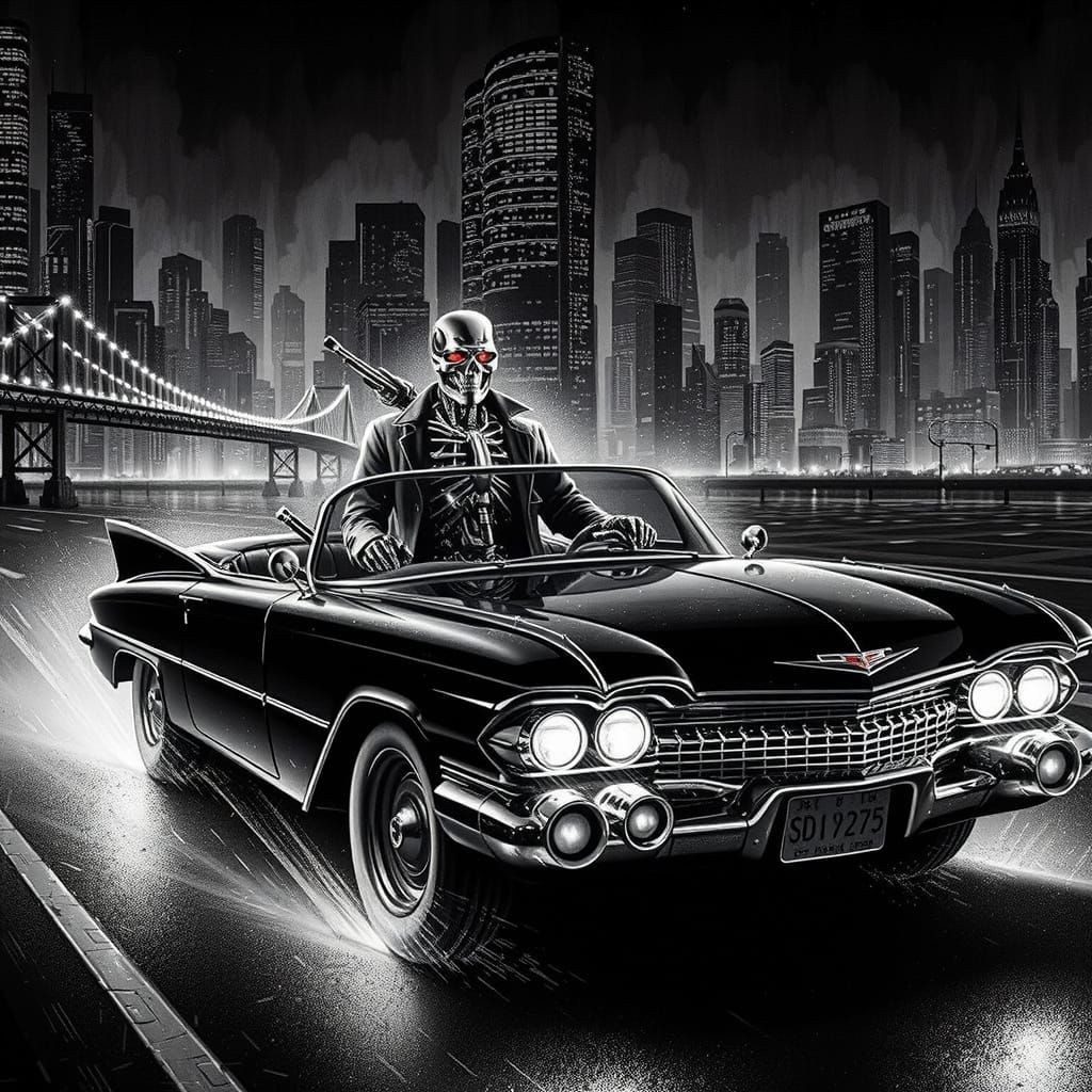 Film Noir Terminator Drives Neon Highway in Frank Miller Sty...