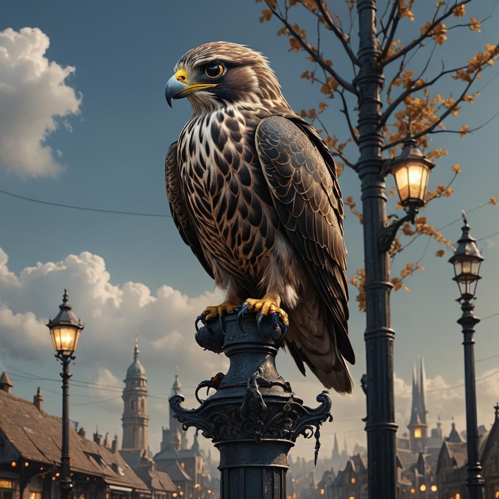 Electric Falcon on Lamppost: Detailed Matte Painting