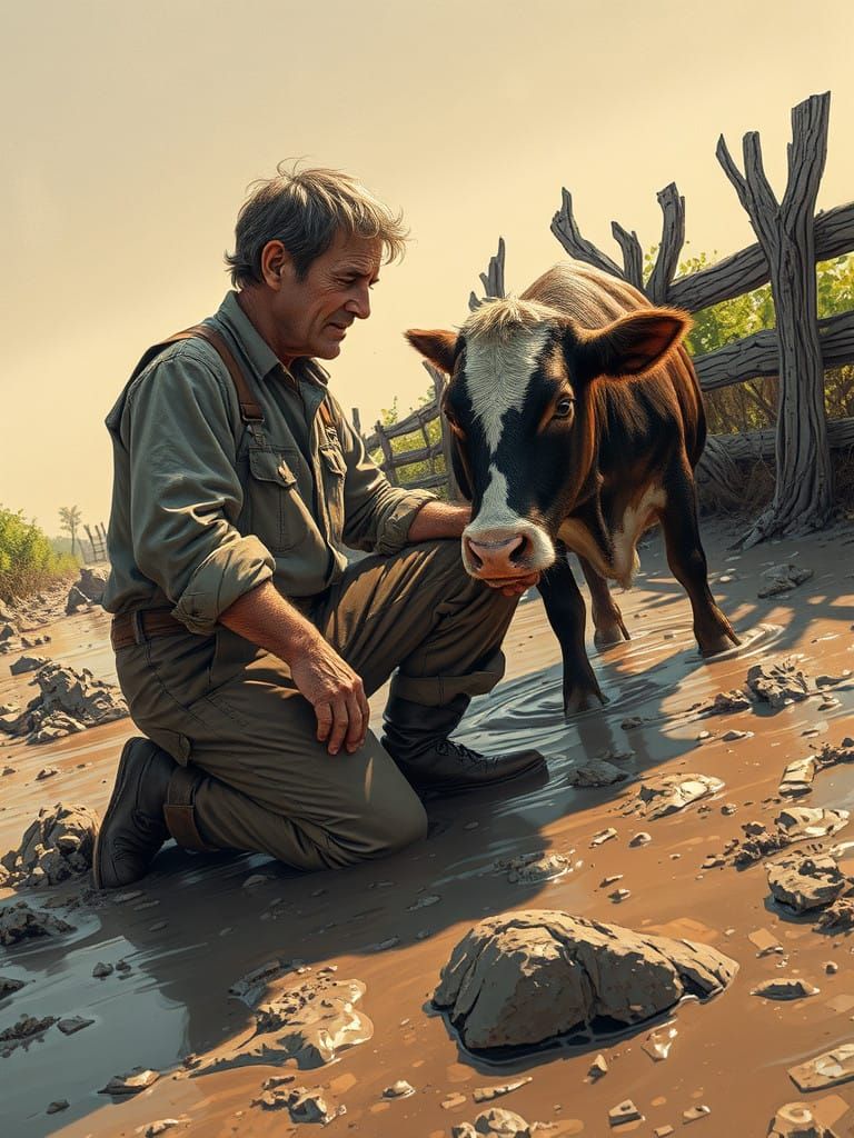 Weary Farmer Tends to Starving Cow in Muddy Landscape