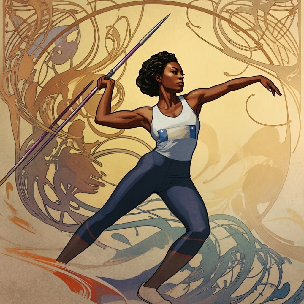 An Black American woman throwing a javelin