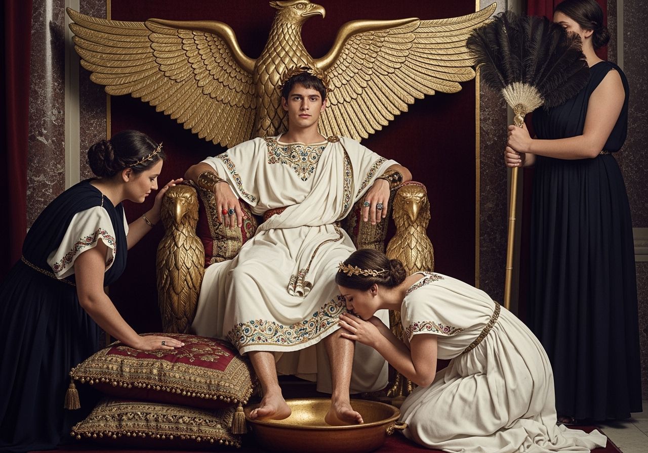 Young Emperor on Eagle Throne in Palace Room