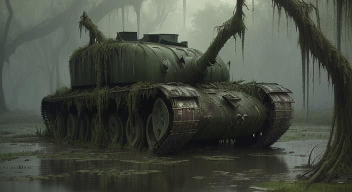Eerie Abandoned Tank Submerged in Swamp