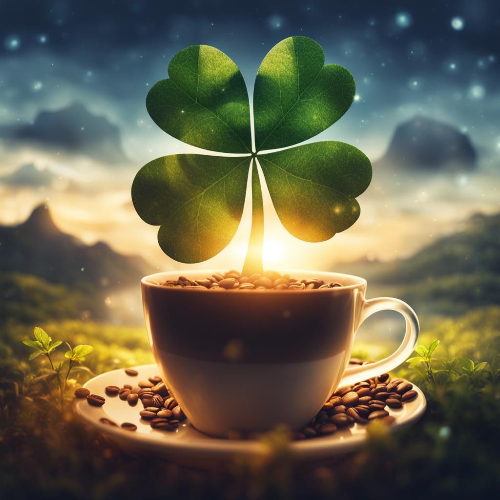 Coffee Cup Landscape with Clover: Double Exposure Art