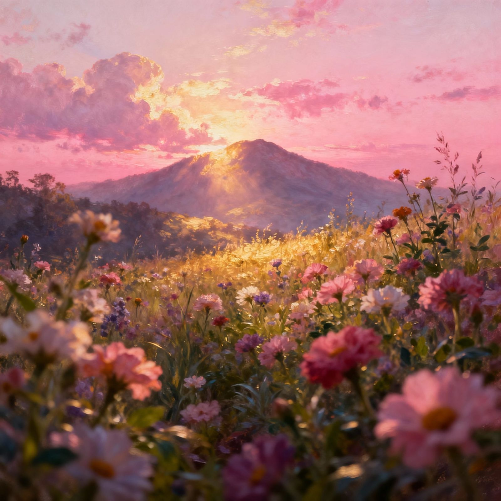 Vibrant Flower Field Under Pink Sunset Glow