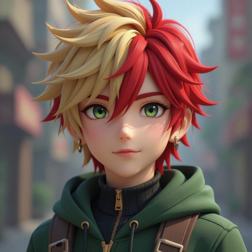 Anime Boy with Blond, Red, Green Hair in 3D Art Style