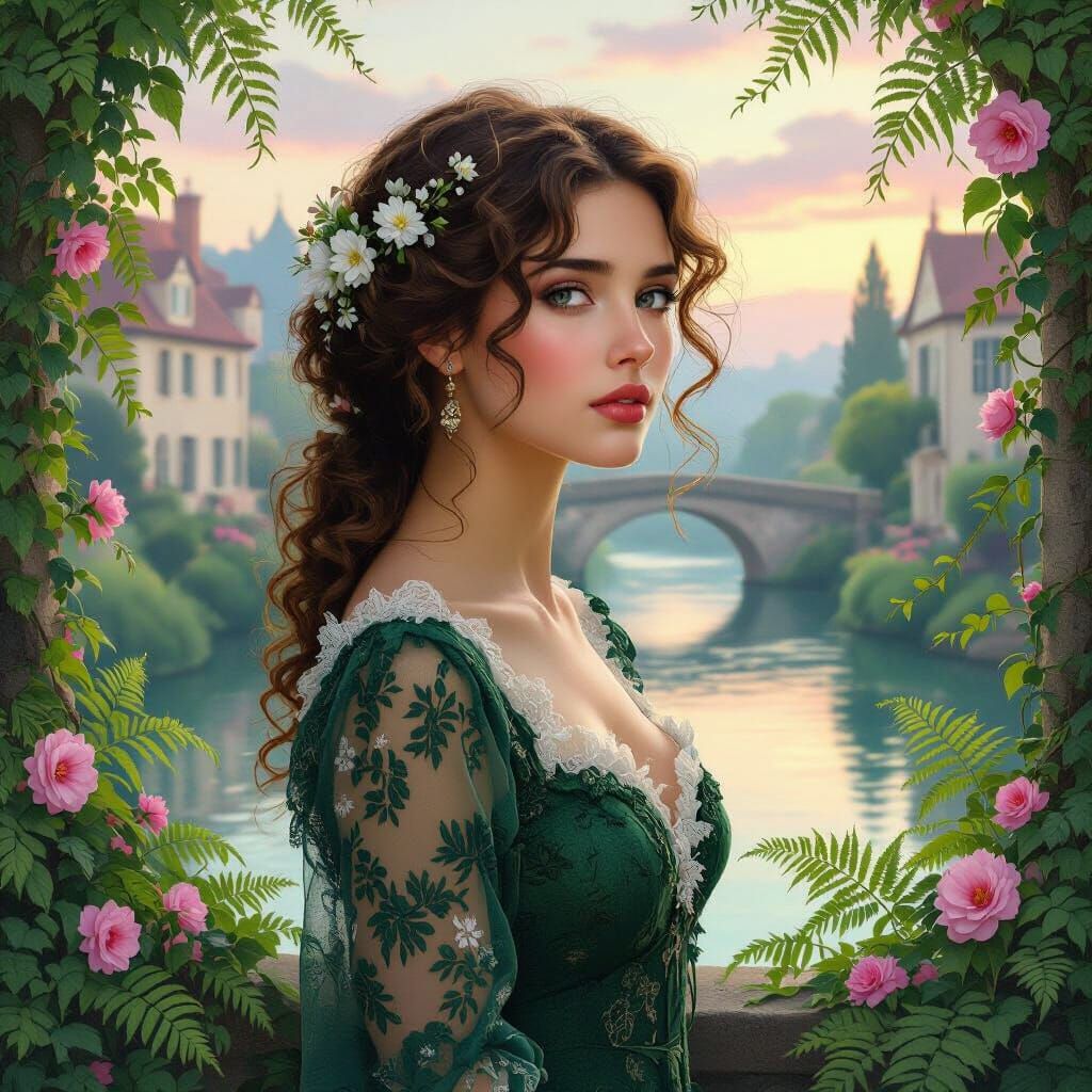 Young Woman in Emerald Dress Amidst Lush Nature
