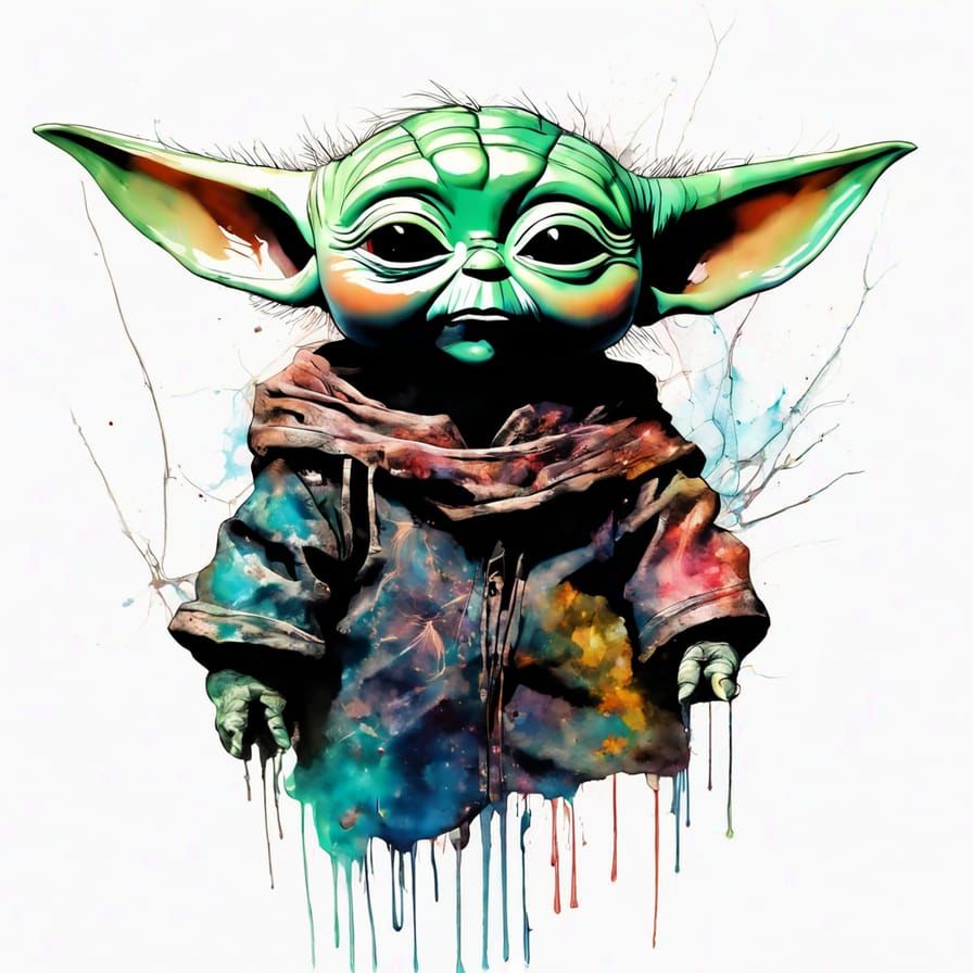 Vibrant Chibi Baby Yoda Double Exposure Art