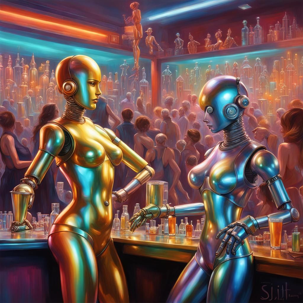 Robot Disco with Dancing Robots in Hyperrealistic Style