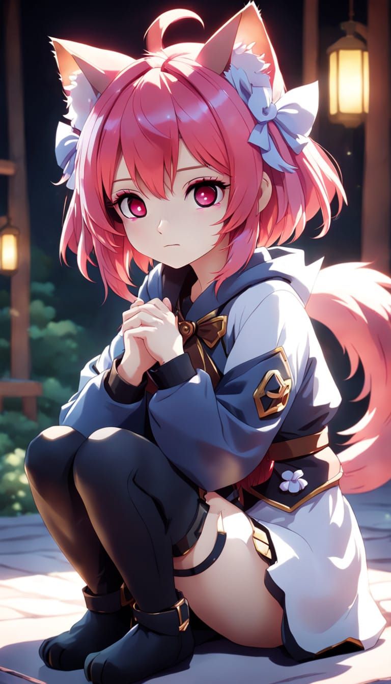 Anime Girl with Feline Features in Serene 8K Vray Rendering