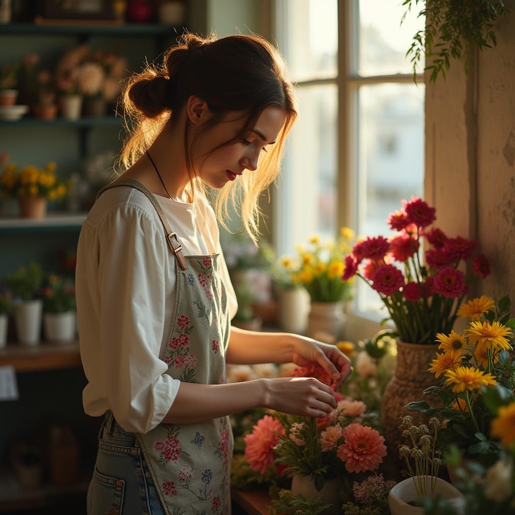 Woman Arranging Flowers in Quaint Shop
