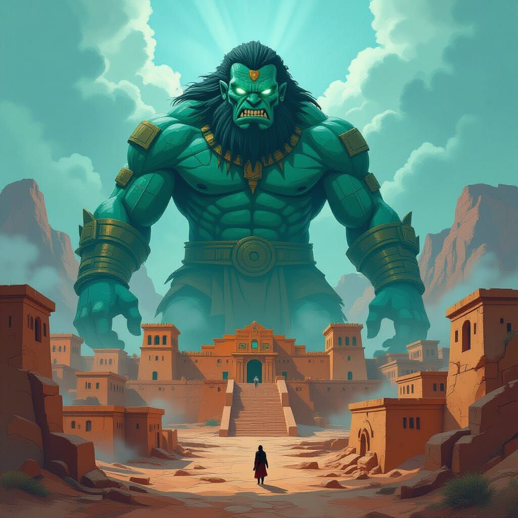 Terrifying Giant Over Aztec City in Picasso Style