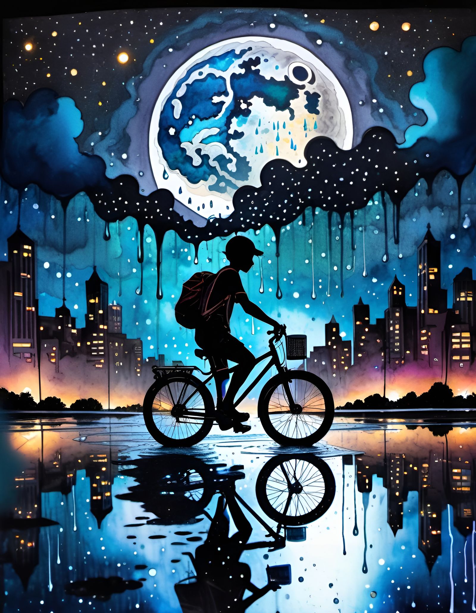 Youth Biking Under Dripping Moon in Dark Fantasy Style