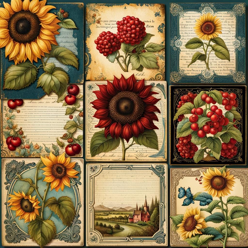 Gothic Sunflower Ephemera in Watercolor Style