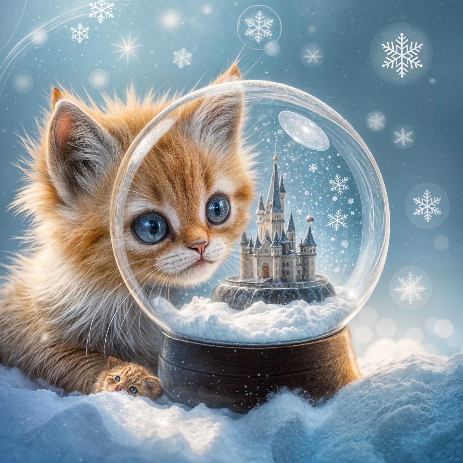 Kitten Gazes Intently at Magical Swirling Snowglobe