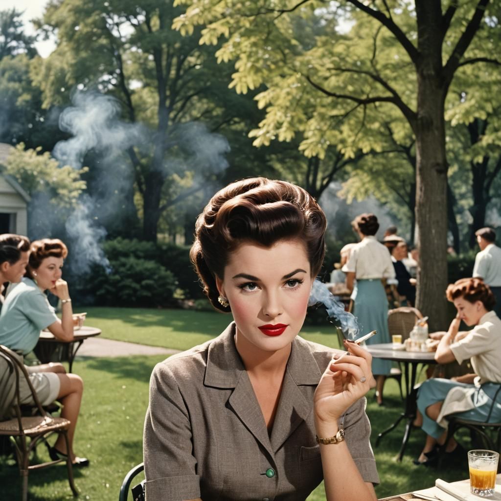 1950s Brunette Lighting Cigarette, French Roll Hairstyle