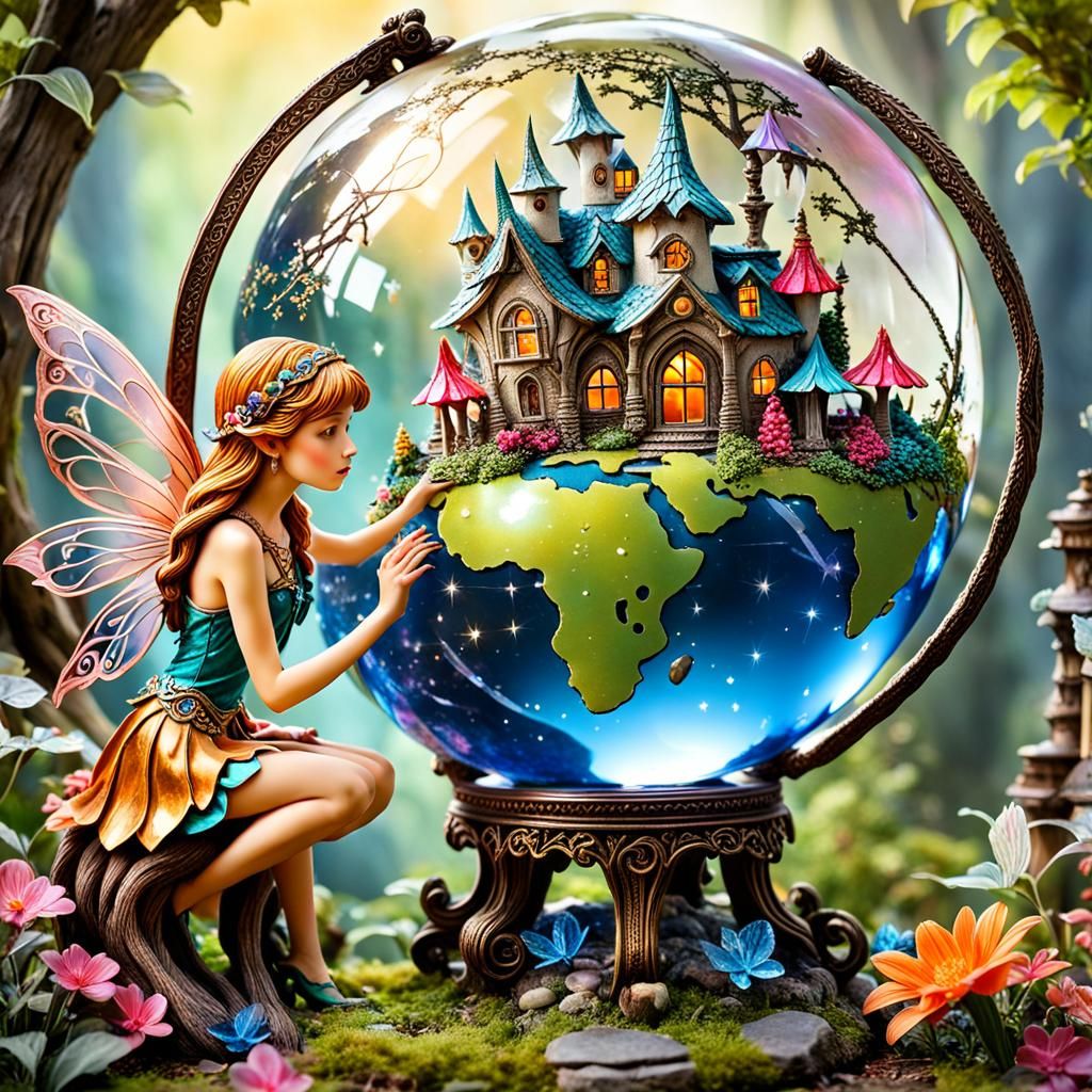 Fairy Holding Crystal Globe with Miniature Village