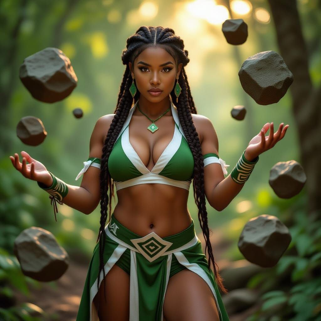 Black Woman Earthbending in Lush Forest