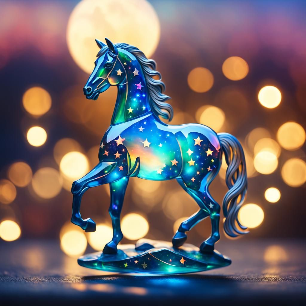 Opalescent Glass Horse Under a Starry Sky