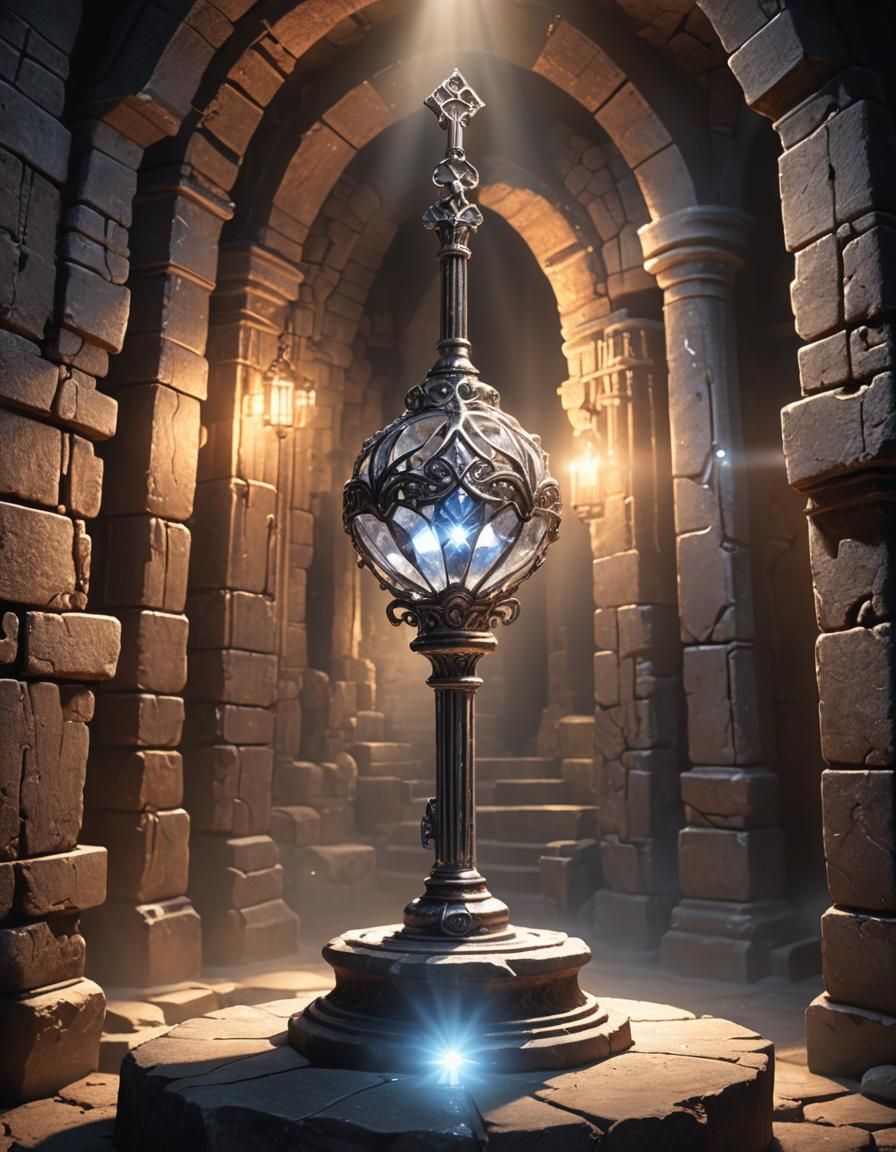 Glowing Crystal Key Above Stone Pedestal