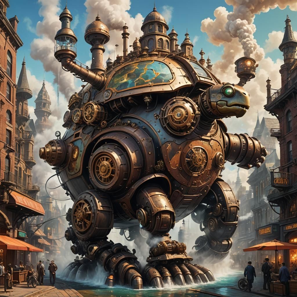 Steampunk City on Mechanical Turtle: Hyperrealistic Concept ...