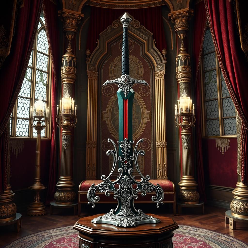 Futuristic Sword Displayed in Medieval Castle, Industrial Fu...