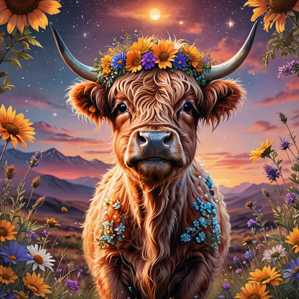 Sunset Highland Cow with Flower Crown