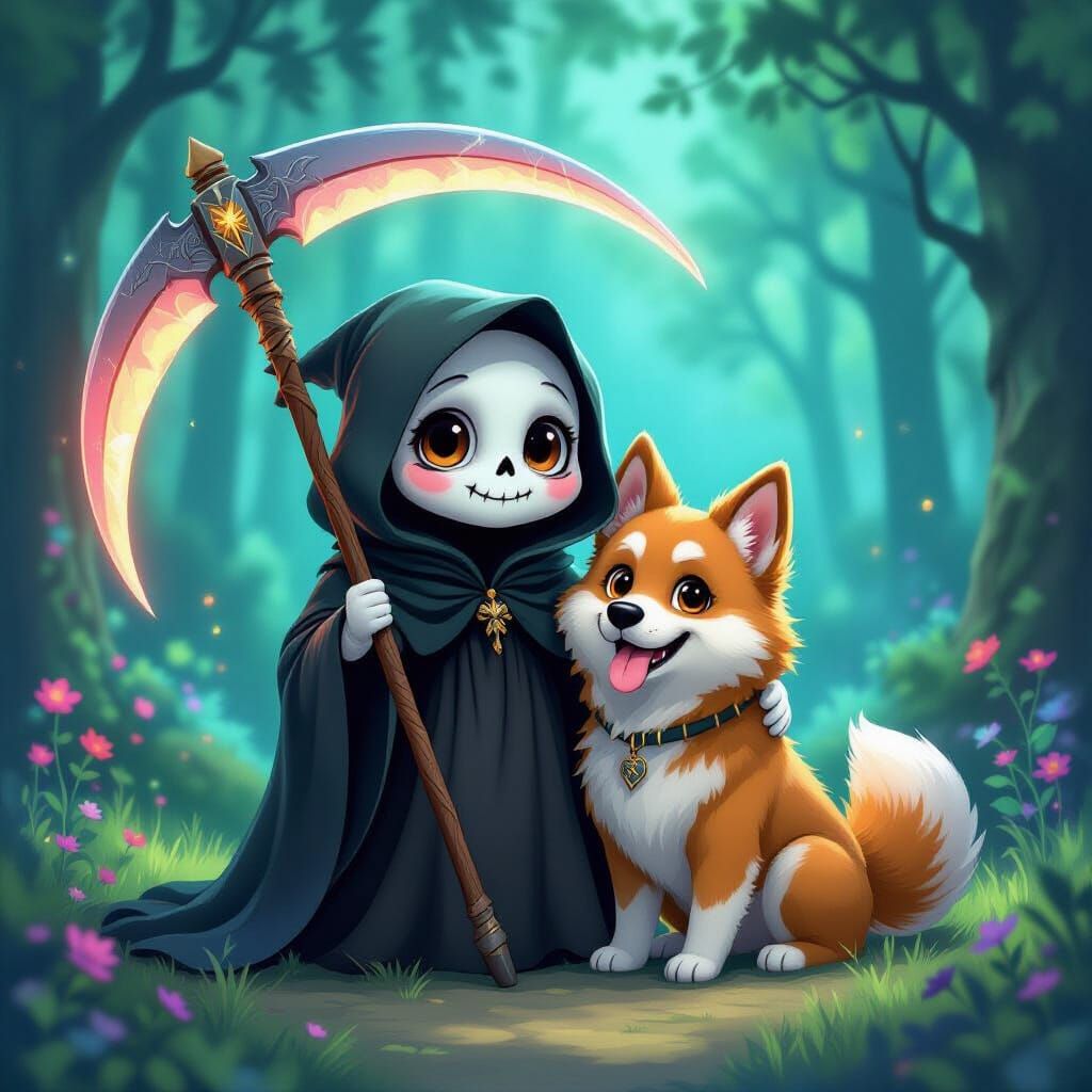 Adorable Grim Reaper and Hellhound in Enchanted Forest