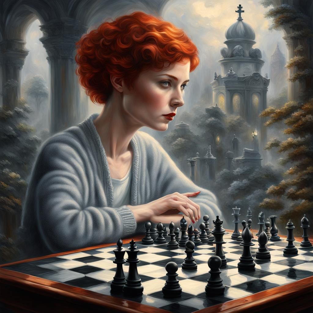 Hyperrealistic Redhead at Chess Game in Ethereal Style