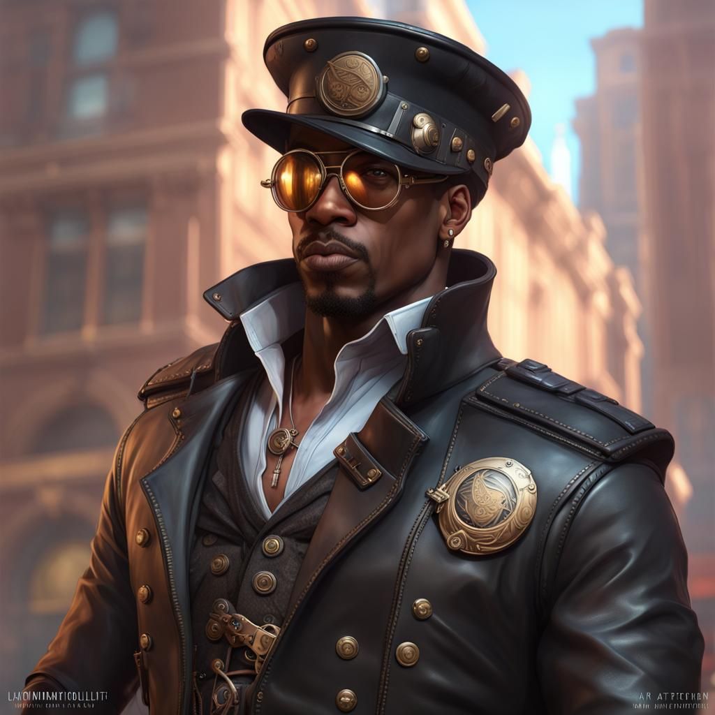 Black Steampunk man as a cop