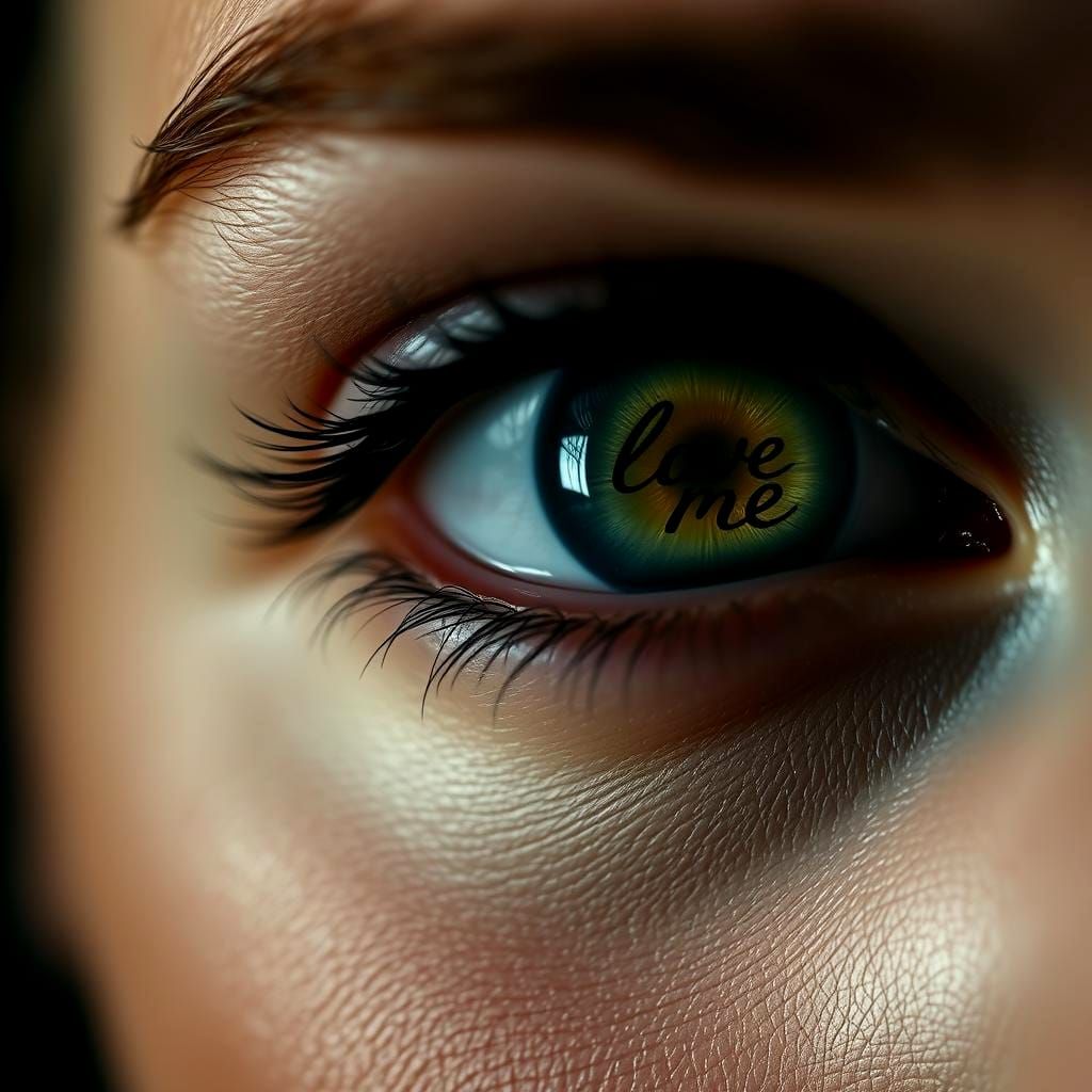 Woman's Face with Message in Eyes, Hyperrealistic Close-Up