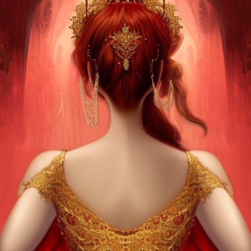 Fantasy Portrait of Woman with Crown in Red Dress
