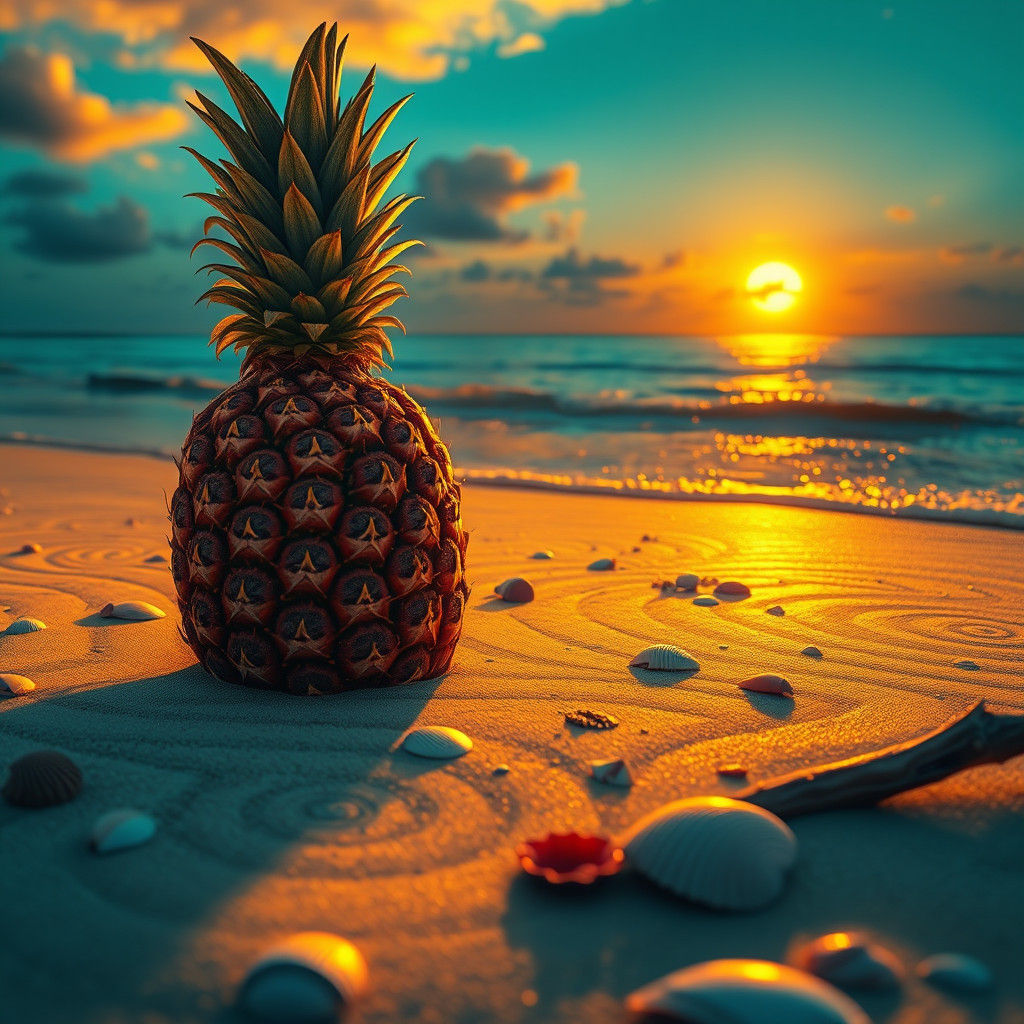 Pineapple on a Beach at Dusk: Fantasy Concept Art