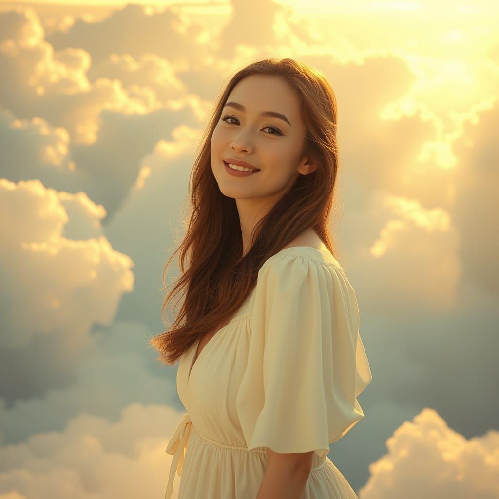 Ethereal Woman in Heavenly Cloudscape