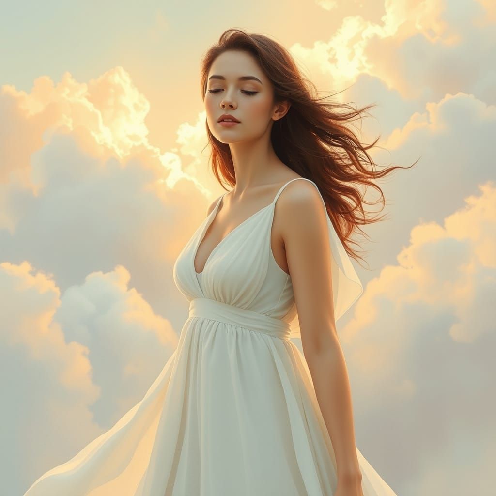 Ethereal Woman in White Gown Surrounded by Clouds