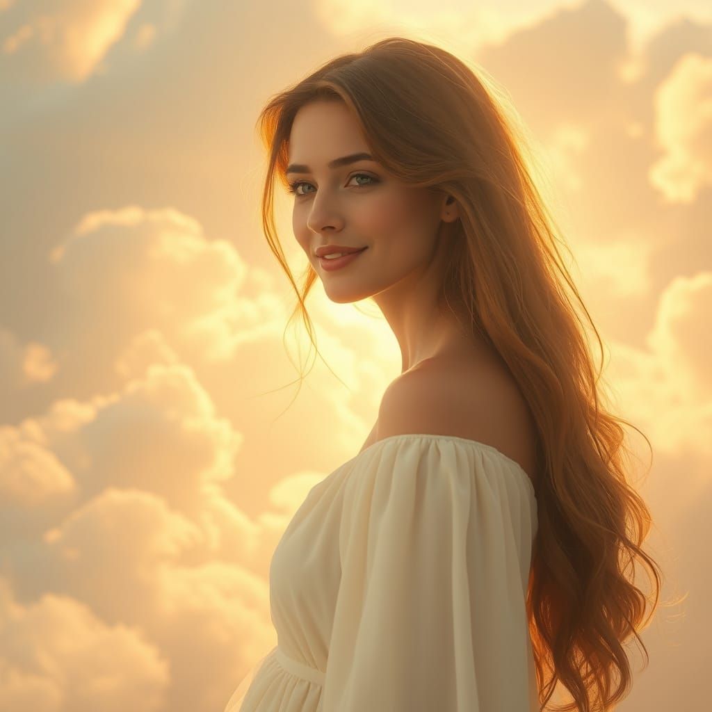 Ethereal Woman in Heavenly Cloudscape, Digital Art