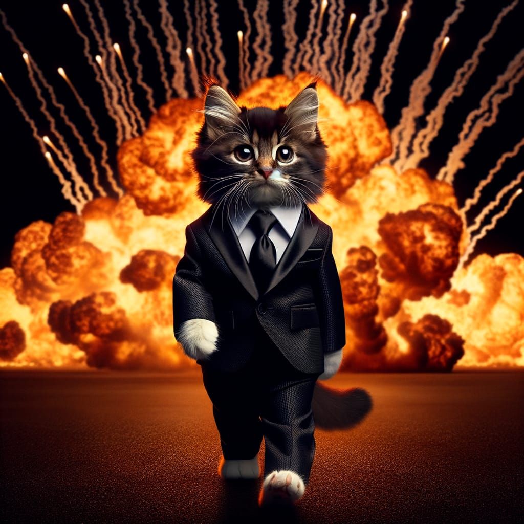 Suave Feline in Black Tie Struts Away from Fiery Explosion