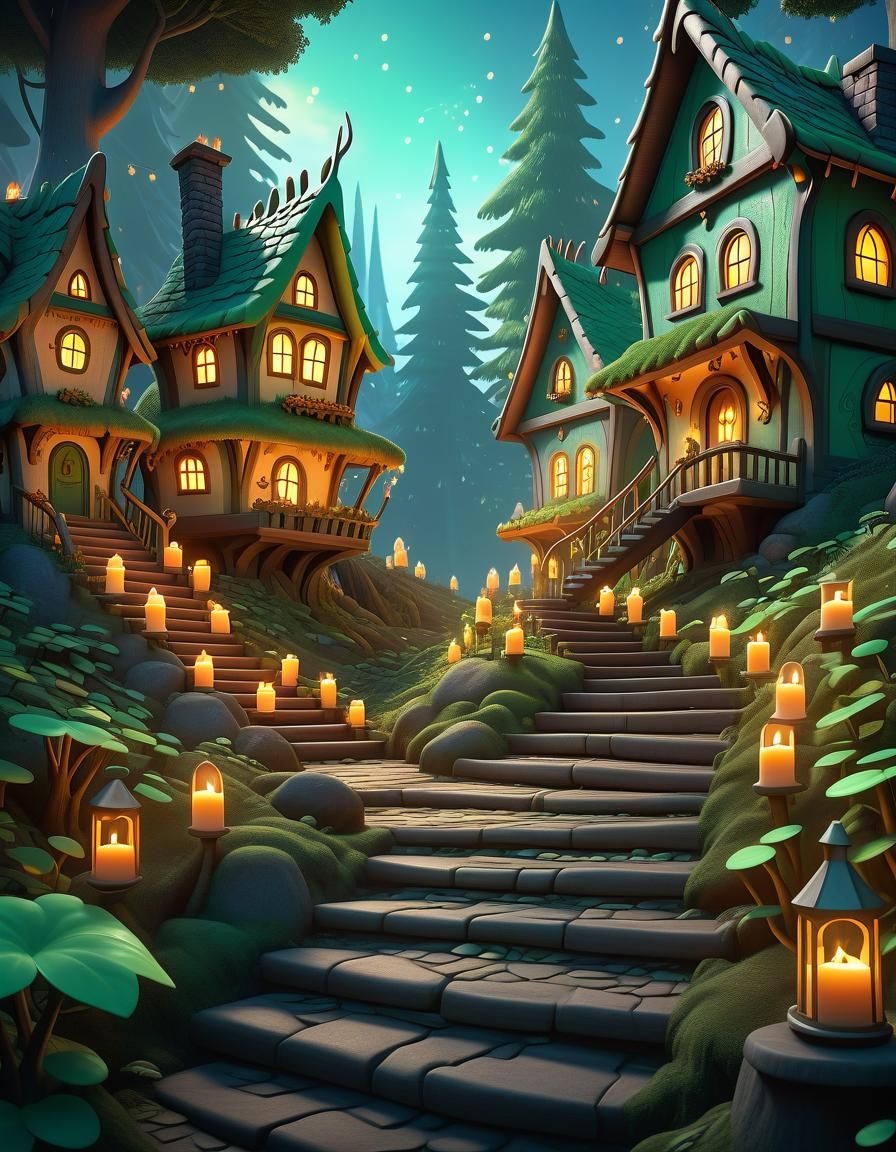 Elven Village Lit by Candles: 3D Digital Art